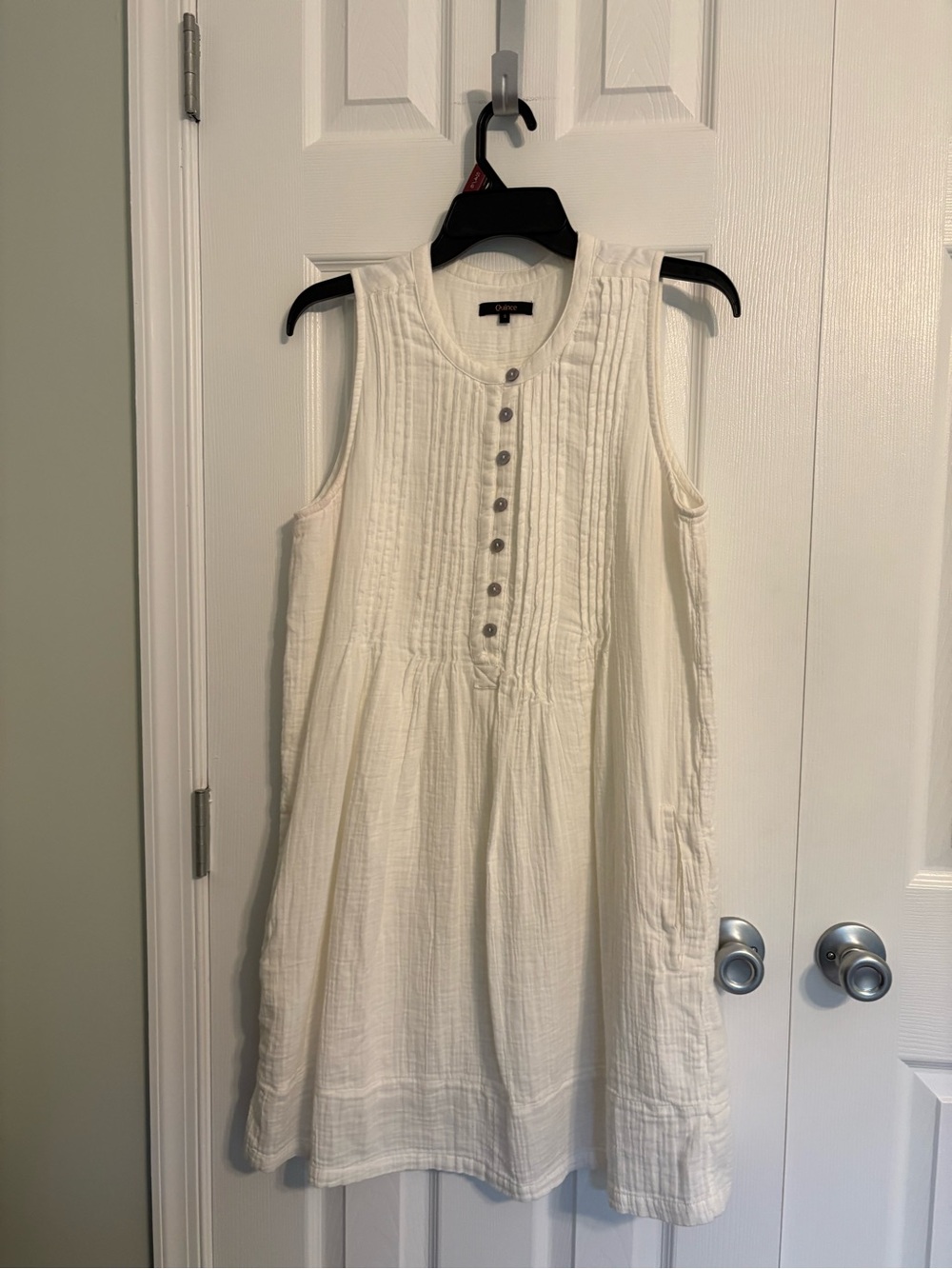 Quince Sleeveless Pintuck Button Front Dress in Ivory